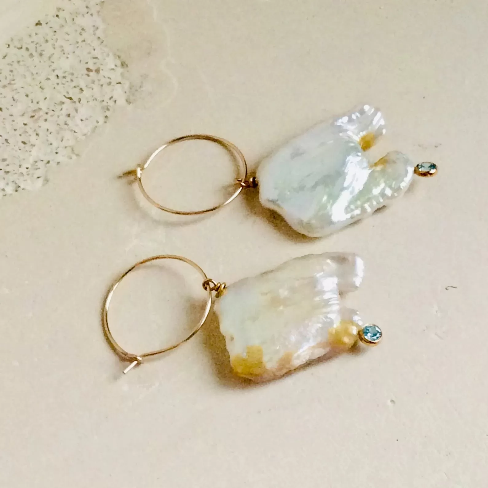 Natural Pearl and Gold Filled Hoop Earrings with Light Blue Cubic Zirconia