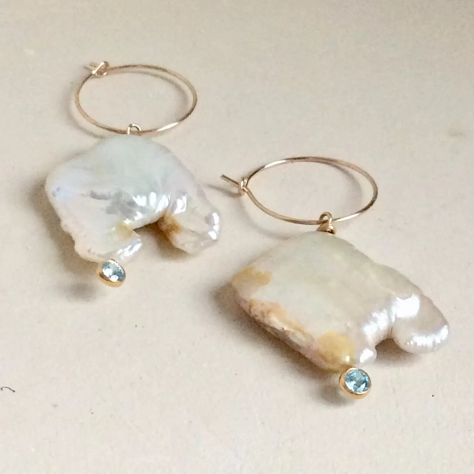 Natural Pearl and Gold Filled Hoop Earrings with Light Blue Cubic Zirconia