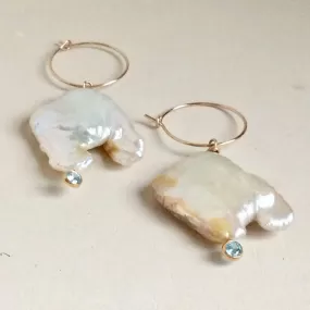 Natural Pearl and Gold Filled Hoop Earrings with Light Blue Cubic Zirconia