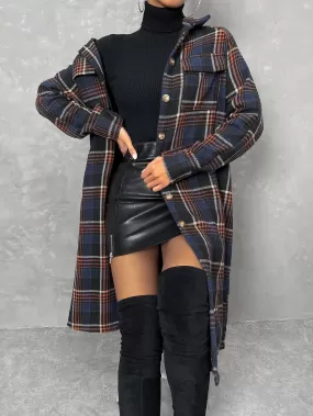 Plaid Print Flap Pocket Drop Shoulder Coat