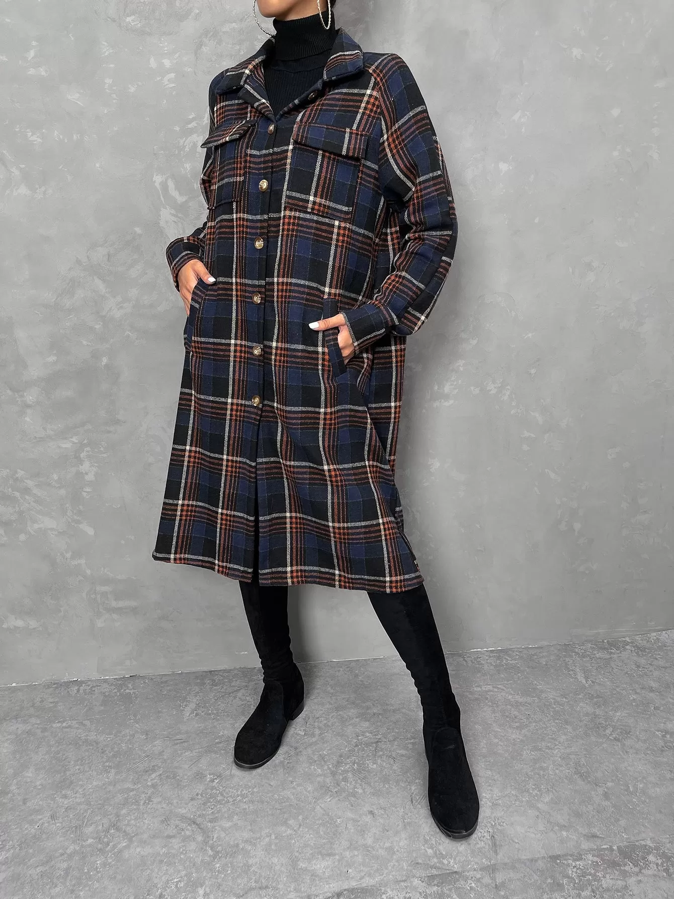 Plaid Print Flap Pocket Drop Shoulder Coat