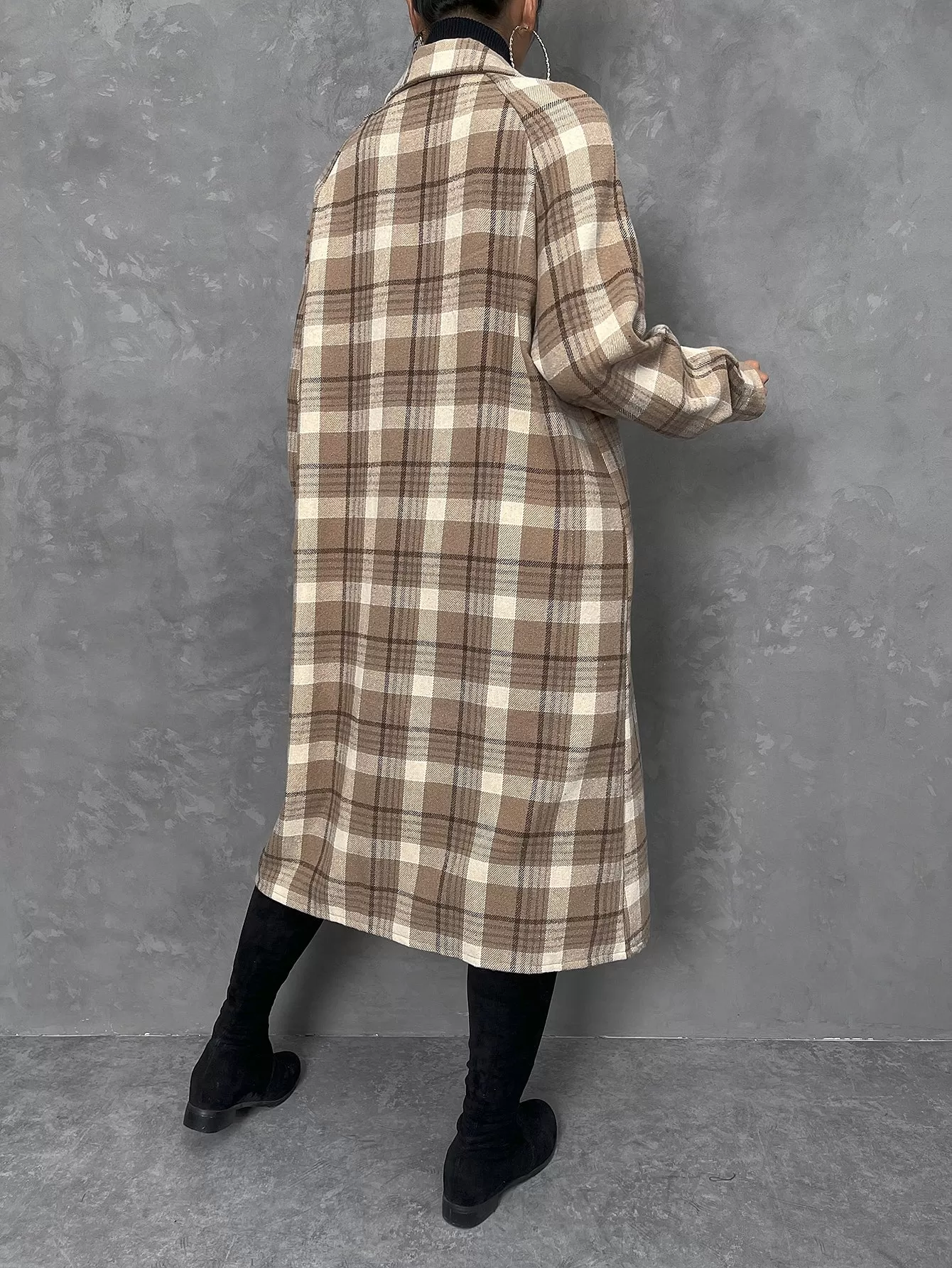 Plaid Print Flap Pocket Drop Shoulder Coat