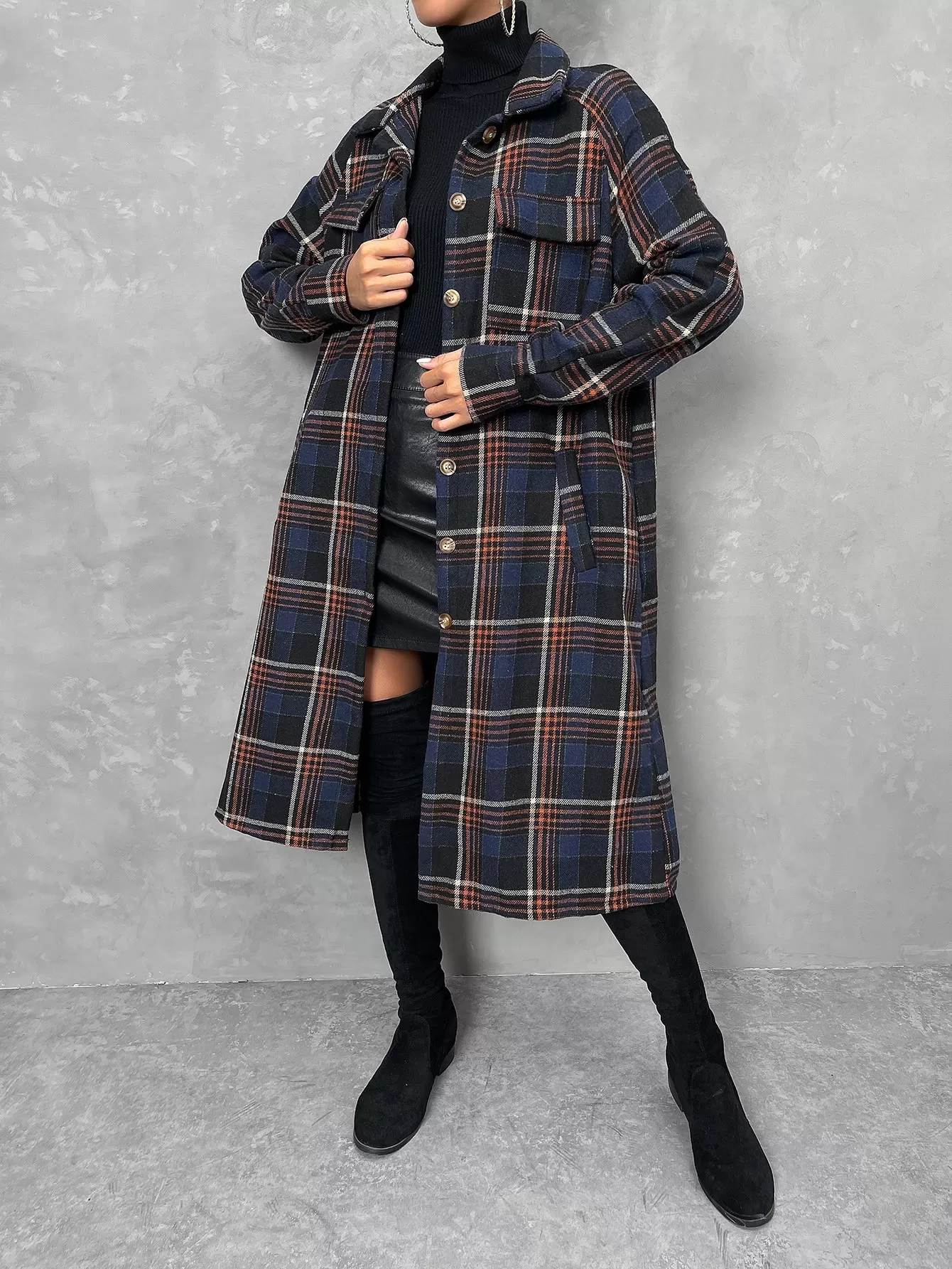 Plaid Print Flap Pocket Drop Shoulder Coat