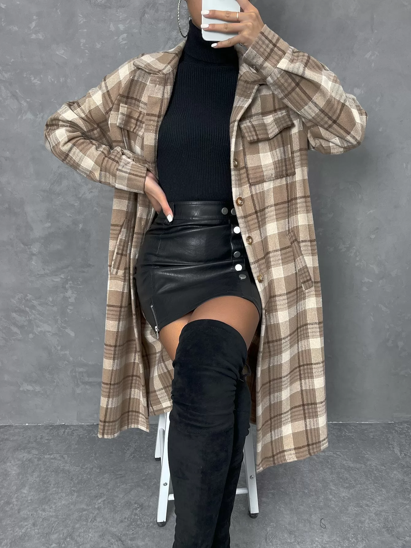 Plaid Print Flap Pocket Drop Shoulder Coat