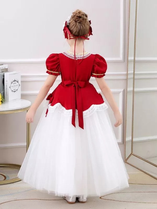 Red Country Flower Girl Dresses Square Neck Short Sleeves Ankle-Length Tulle Flowers Kids Party Dresses