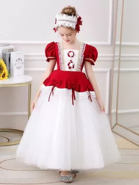 Red Country Flower Girl Dresses Square Neck Short Sleeves Ankle-Length Tulle Flowers Kids Party Dresses