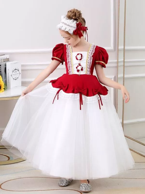 Red Country Flower Girl Dresses Square Neck Short Sleeves Ankle-Length Tulle Flowers Kids Party Dresses