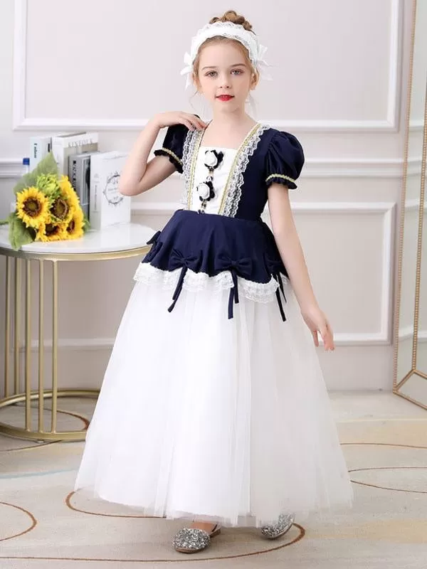 Red Country Flower Girl Dresses Square Neck Short Sleeves Ankle-Length Tulle Flowers Kids Party Dresses