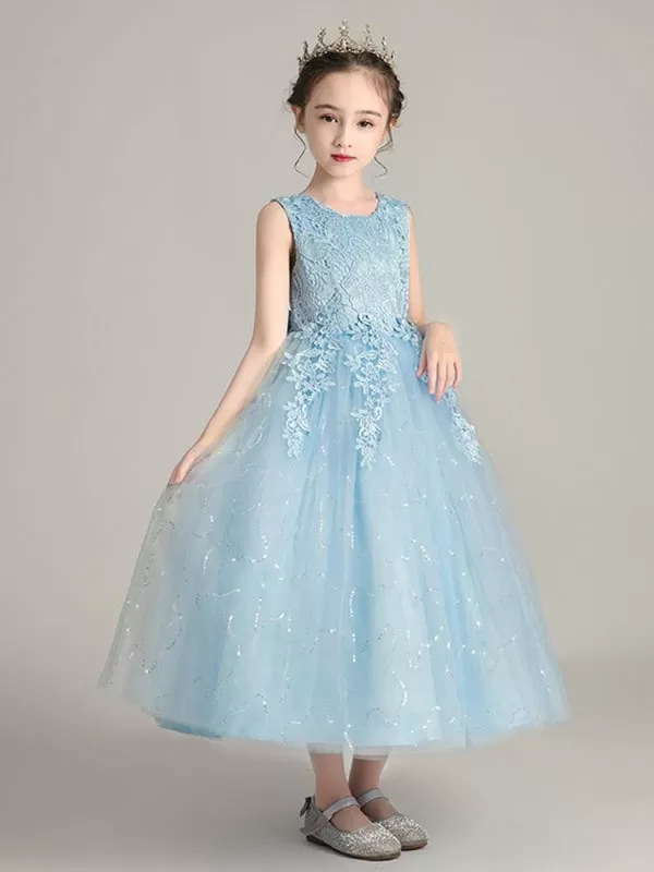 Romantic White Soft Tulle Lace White Flower Girl Dresses Jewel Neck Sleeveless Ankle Length Ball Gown Kids Party Dresses