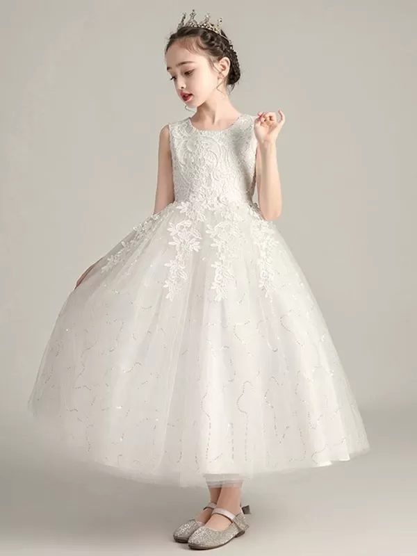 Romantic White Soft Tulle Lace White Flower Girl Dresses Jewel Neck Sleeveless Ankle Length Ball Gown Kids Party Dresses