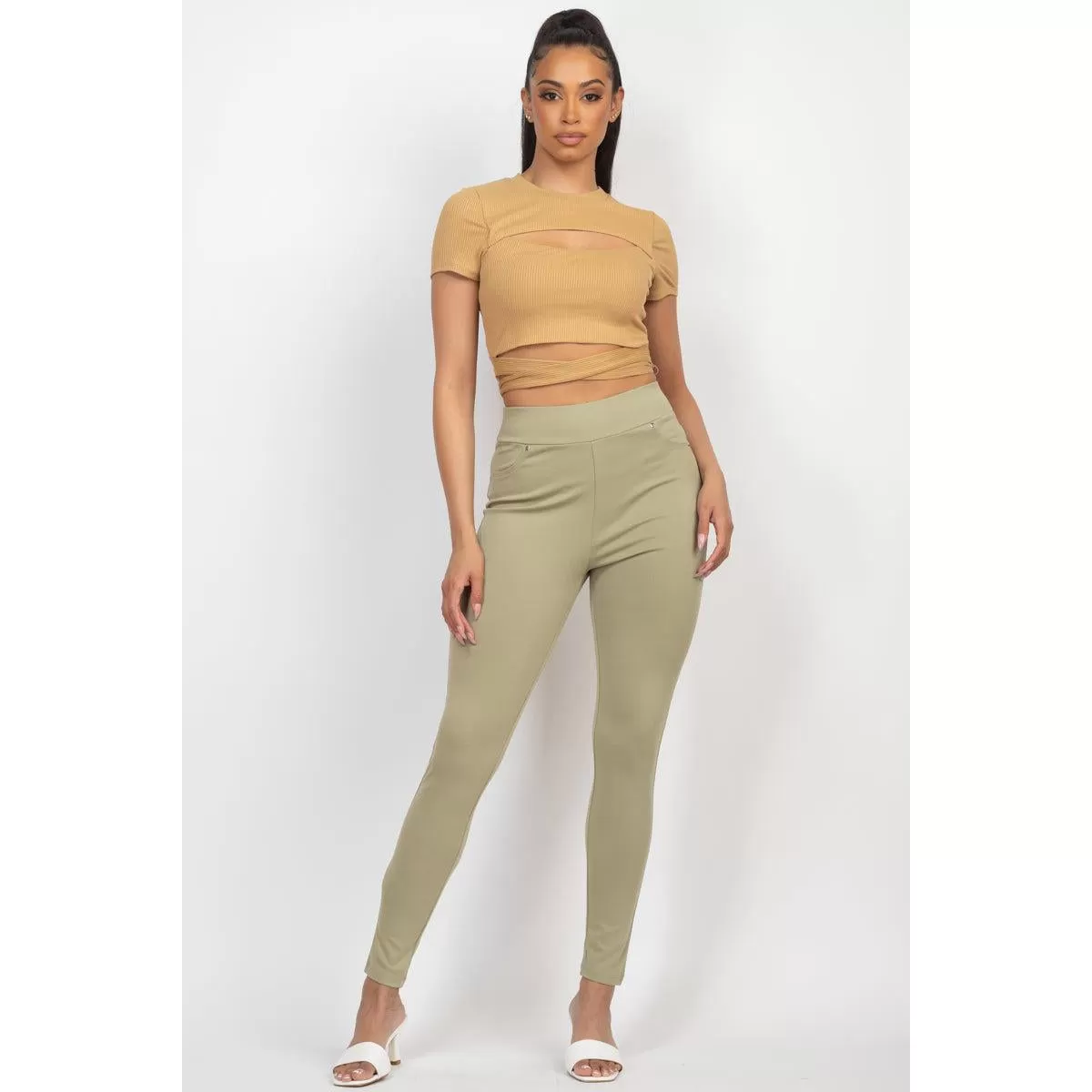 Self-tie Ribbon Front Cutout Crop Top