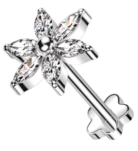 Senary Flower Clear CZ Flower Back Threadless Titanium Labret