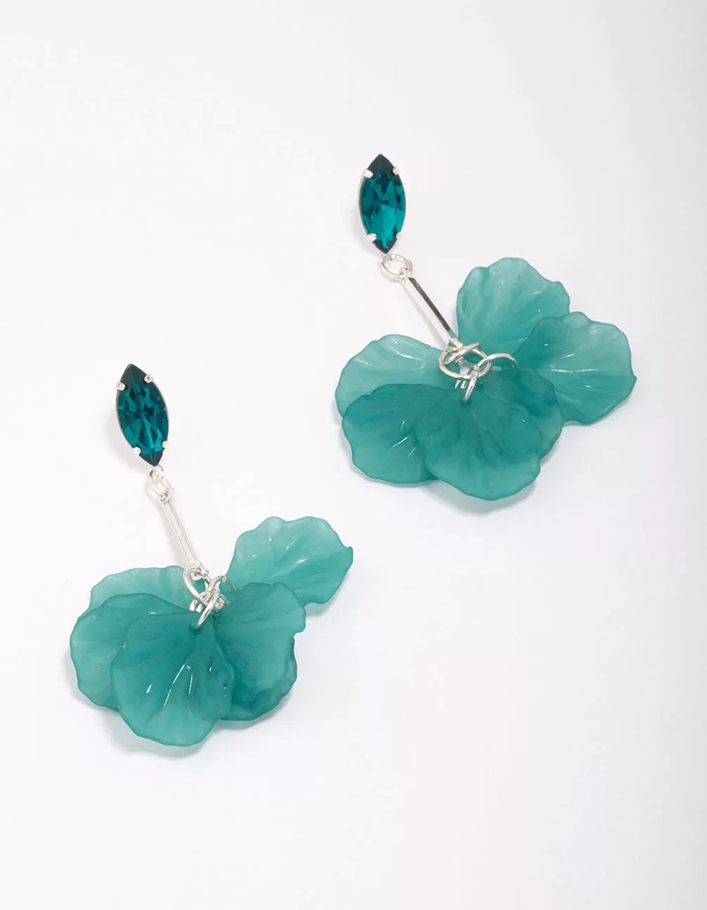 Silver & Green Stone Stick Petal Drop Earrings