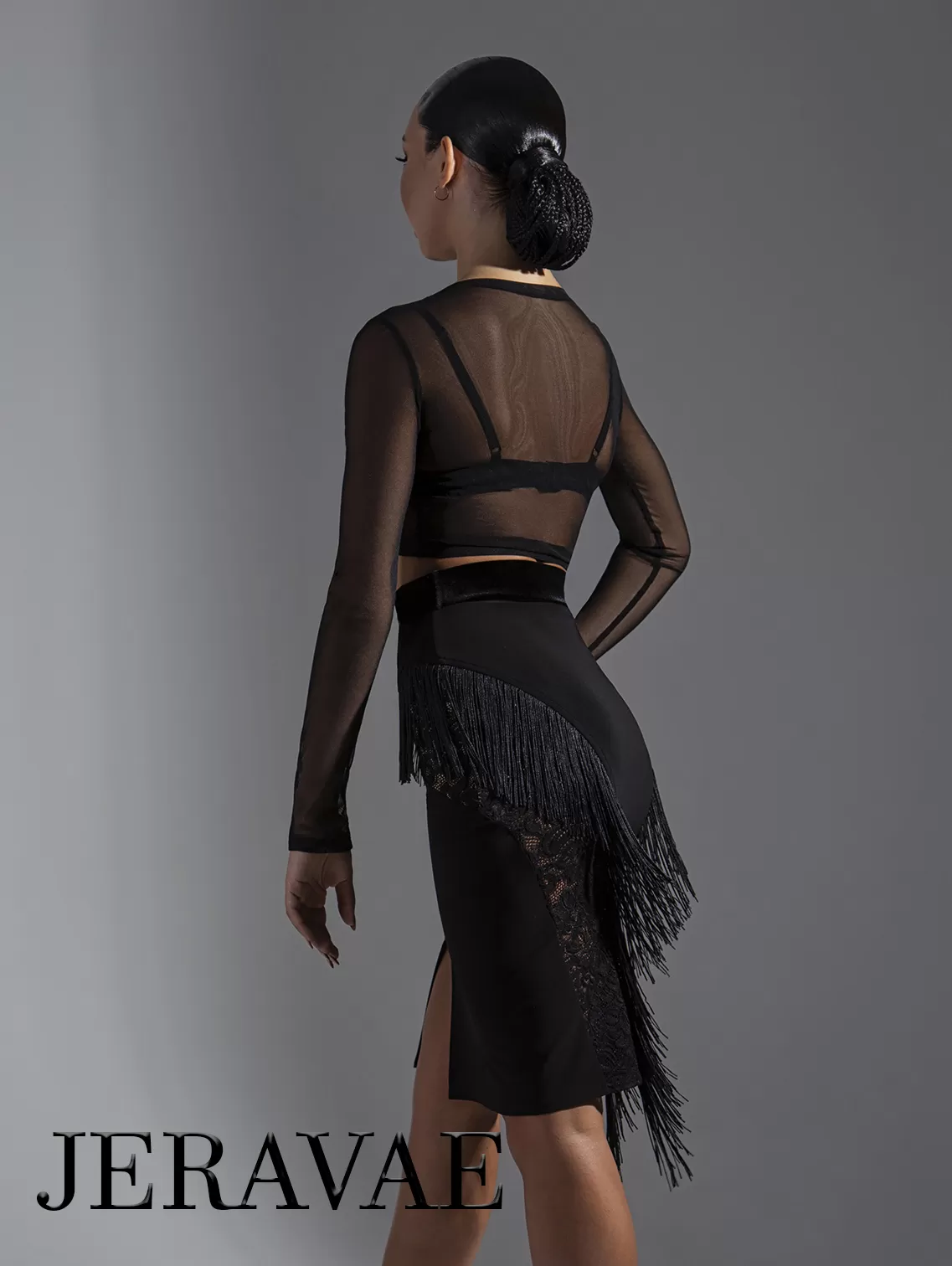 Sleek Black Latin Practice Skirt with Fringe and Lace Accents Features Front Slit and Velvet Waistband PRA 585