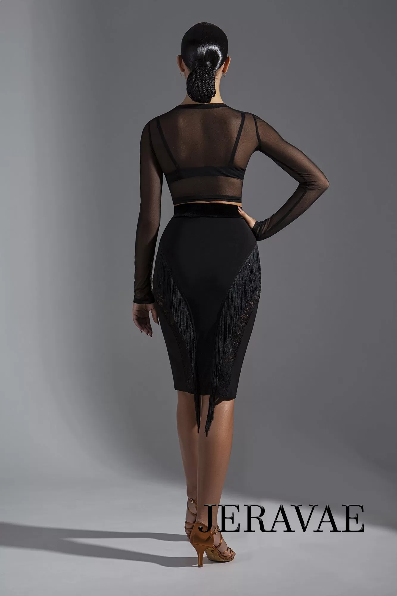 Sleek Black Latin Practice Skirt with Fringe and Lace Accents Features Front Slit and Velvet Waistband PRA 585