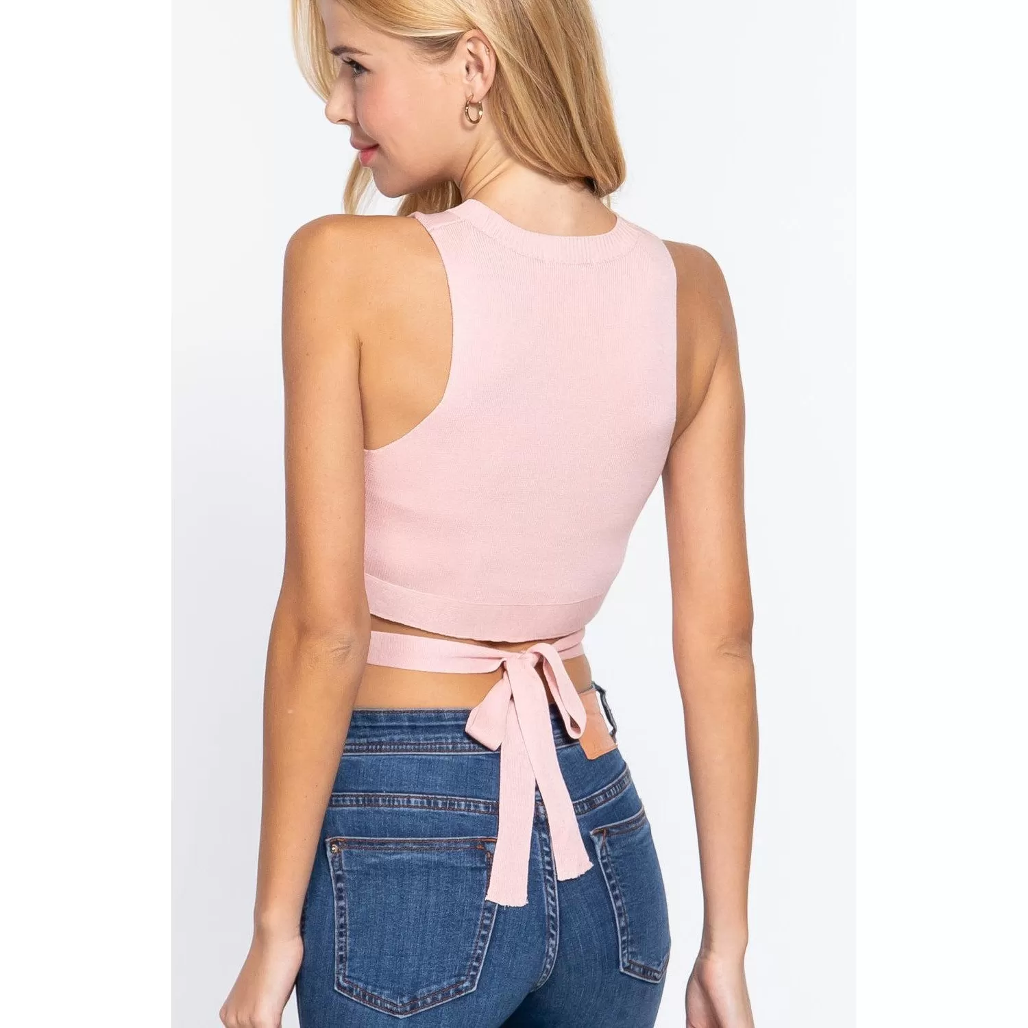 Sleeveless Crew Neck Waist Tie Crop Sweater Top