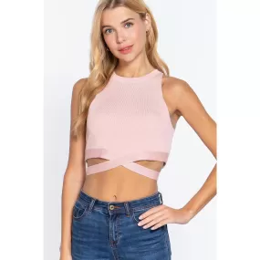 Sleeveless Crew Neck Waist Tie Crop Sweater Top