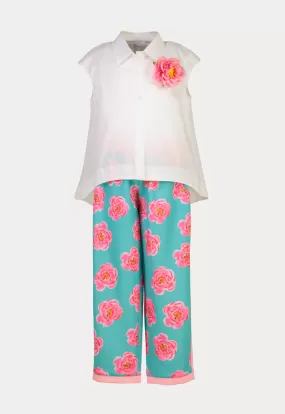 Solid Hi-Low Floral Pattern Shirt And Pants Set