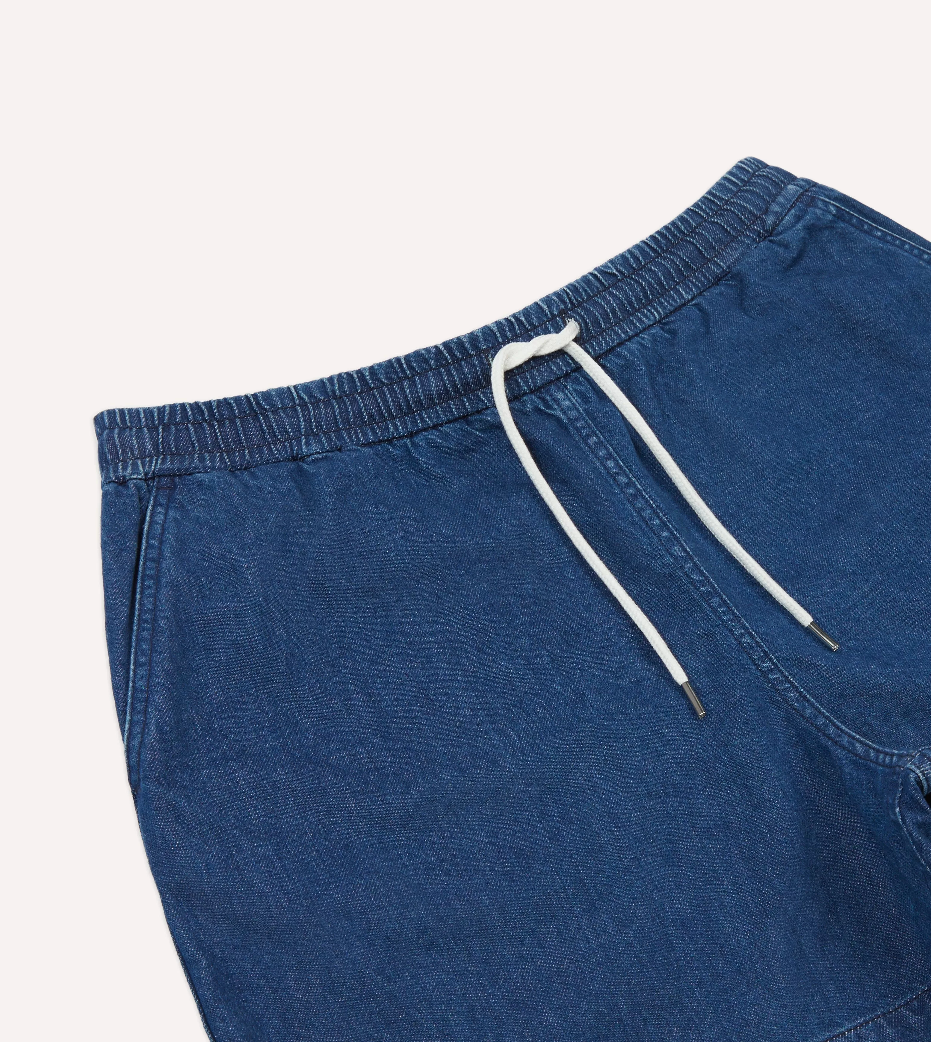 Stone Wash Indigo Cotton Drawstring Shorts