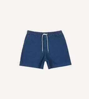 Stone Wash Indigo Cotton Drawstring Shorts