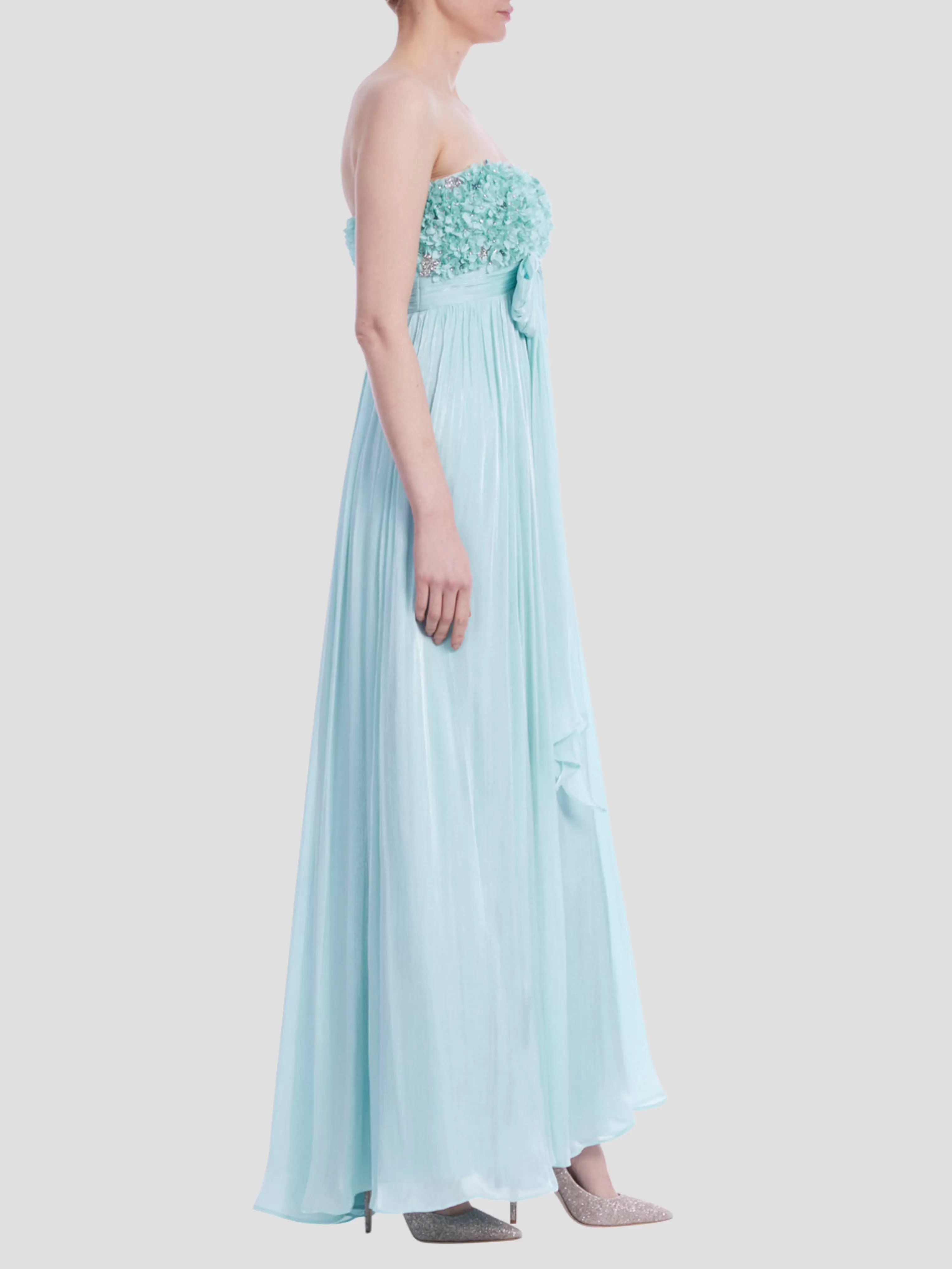 Strapless Chiffon Gown with Floral Bodice