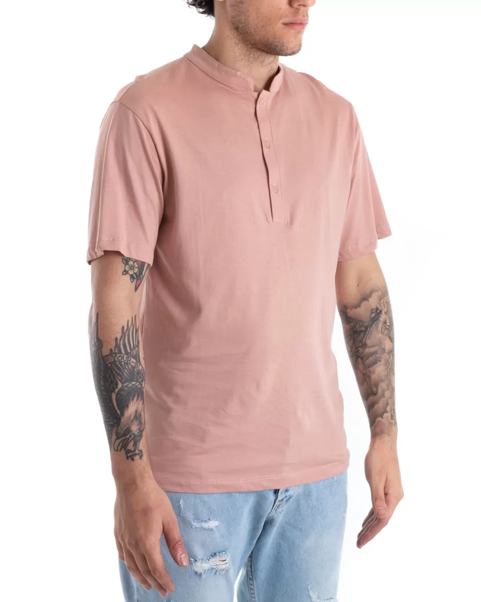 T-shirt Uomo Collo Bottoni Tinta Unita Rosa Manica Corta Basic Casual GIOSAL