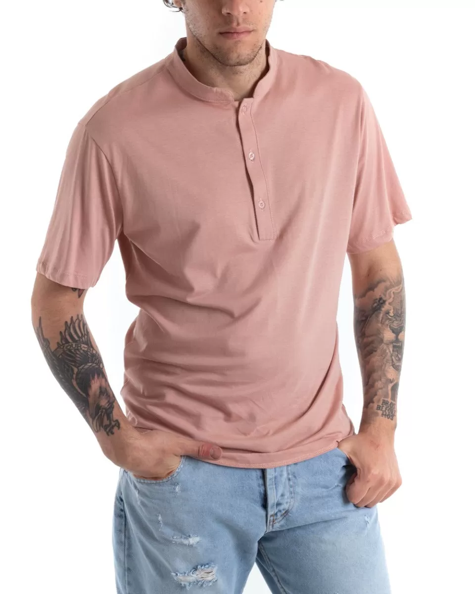 T-shirt Uomo Collo Bottoni Tinta Unita Rosa Manica Corta Basic Casual GIOSAL