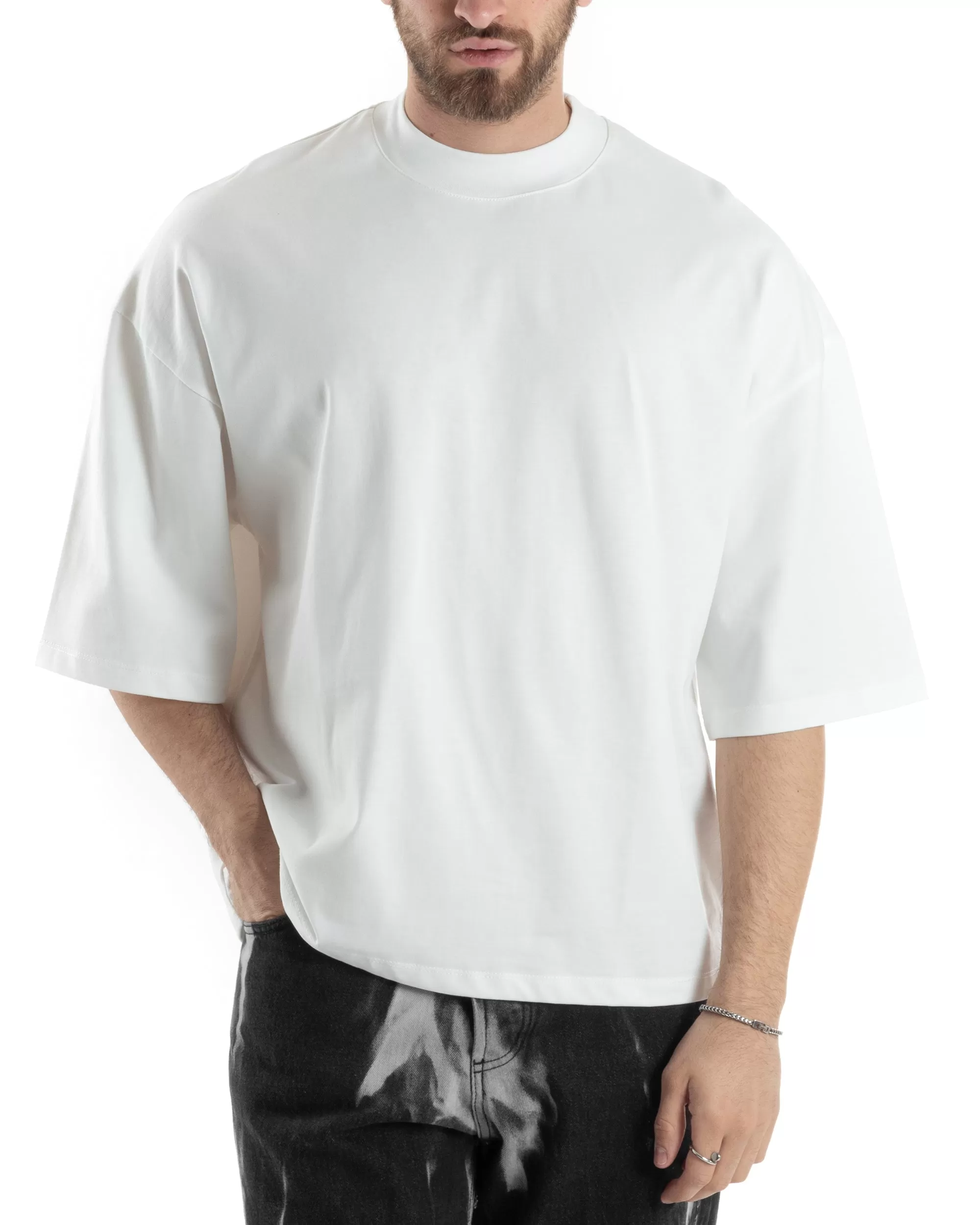 T-shirt Uomo Girocollo Boxy Fit Oversize Cotone Spalla Scesa Gola Alta Casual Basic Bianco GIOSAL-TS3024A