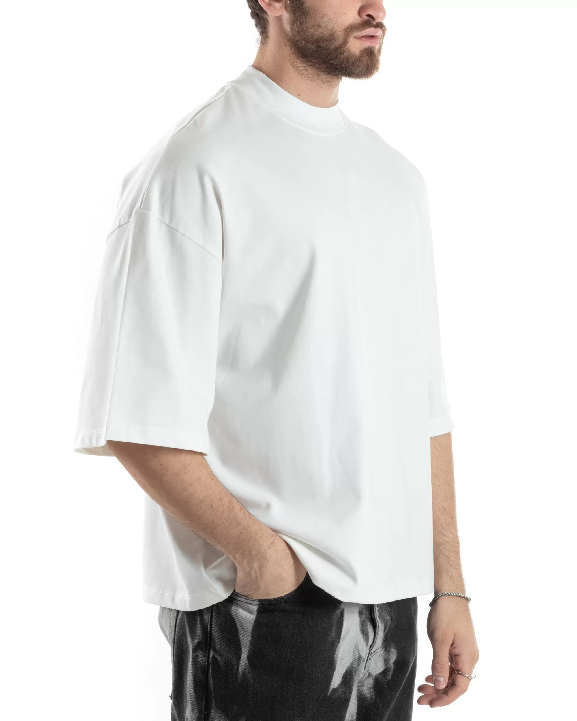 T-shirt Uomo Girocollo Boxy Fit Oversize Cotone Spalla Scesa Gola Alta Casual Basic Bianco GIOSAL-TS3024A