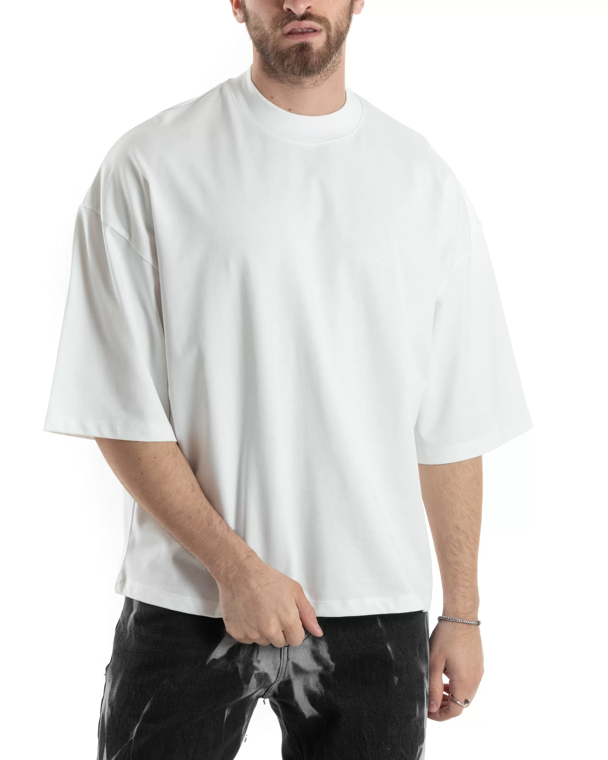 T-shirt Uomo Girocollo Boxy Fit Oversize Cotone Spalla Scesa Gola Alta Casual Basic Bianco GIOSAL-TS3024A