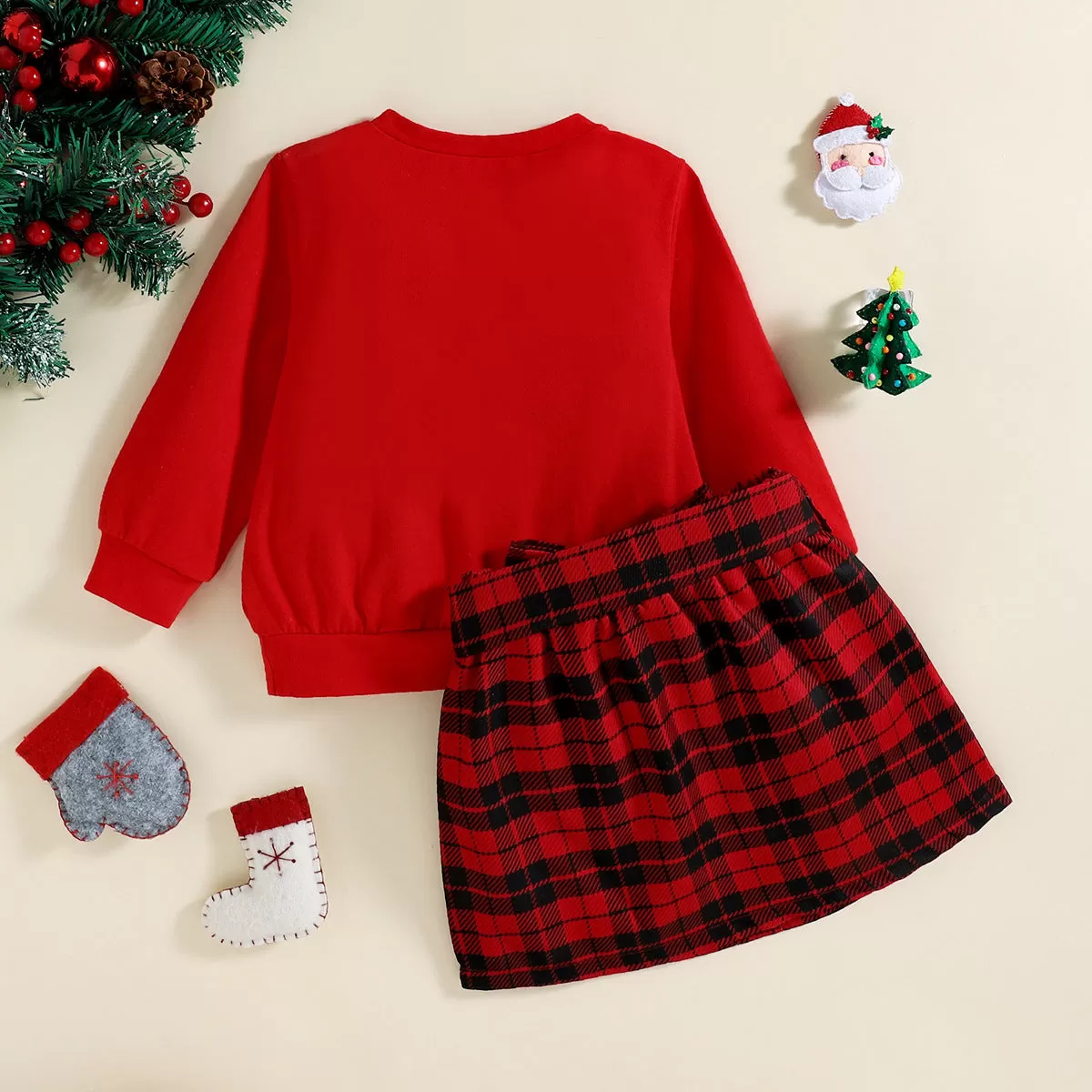 Toddler Girls Solid Cute Bear Doll Sweater Plaid Print Skirt Suit