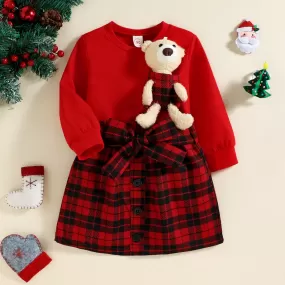 Toddler Girls Solid Cute Bear Doll Sweater Plaid Print Skirt Suit