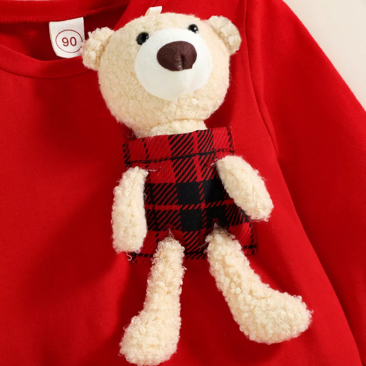 Toddler Girls Solid Cute Bear Doll Sweater Plaid Print Skirt Suit