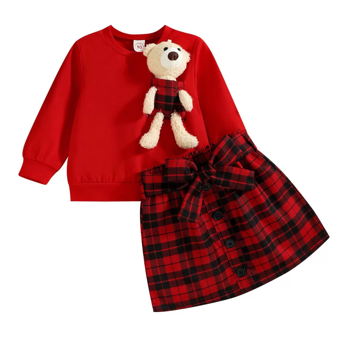 Toddler Girls Solid Cute Bear Doll Sweater Plaid Print Skirt Suit