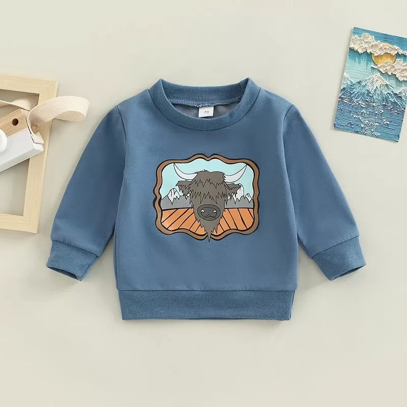 Toddler Kids Boys Solid Color Cartoon Cow Head Print Sweatshirt