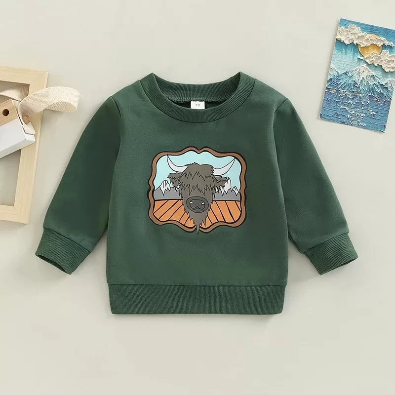 Toddler Kids Boys Solid Color Cartoon Cow Head Print Sweatshirt