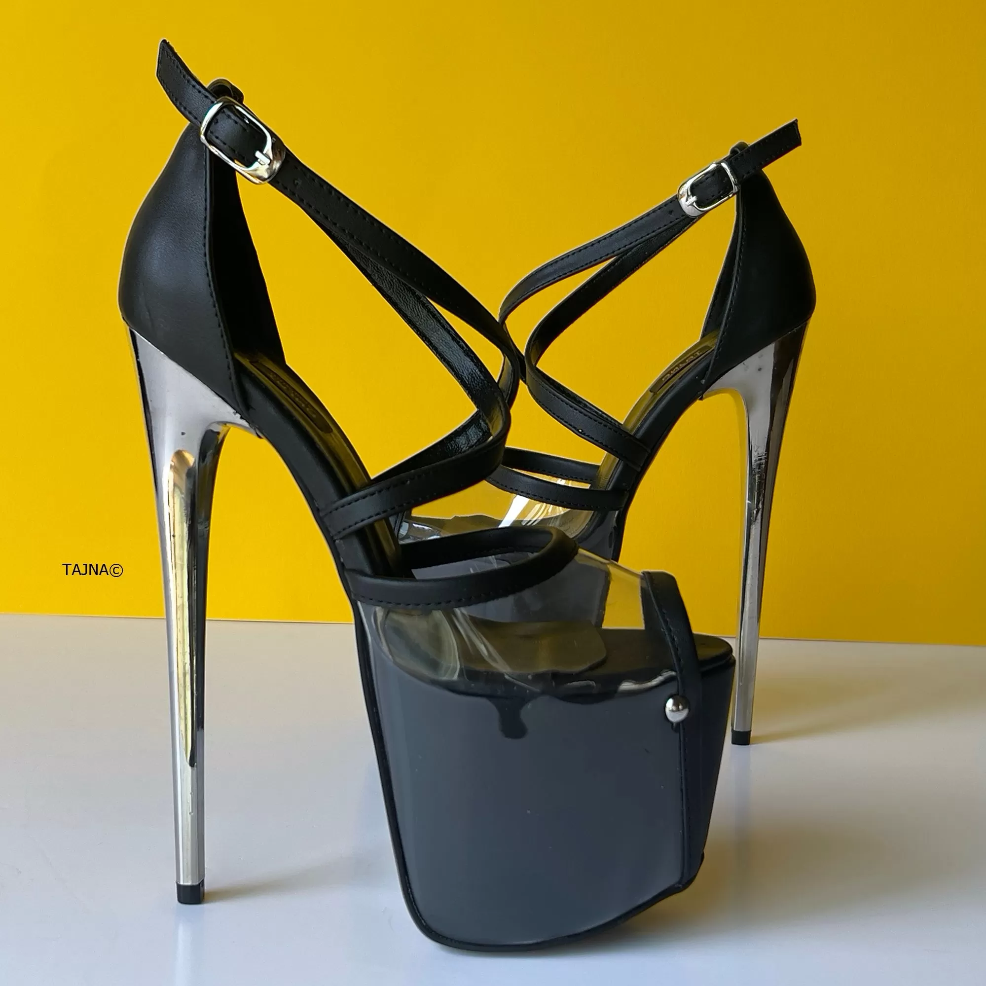 Transparent and Black Matte Ankle Strap Metallic Heels