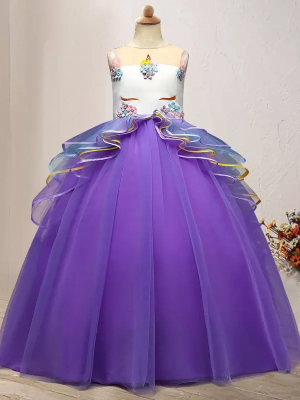 Tulle Sleeveless Flower Girl Dresses Jewel Neck Ankle Length Princess Silhouette Embroidered Kids Party Dresses