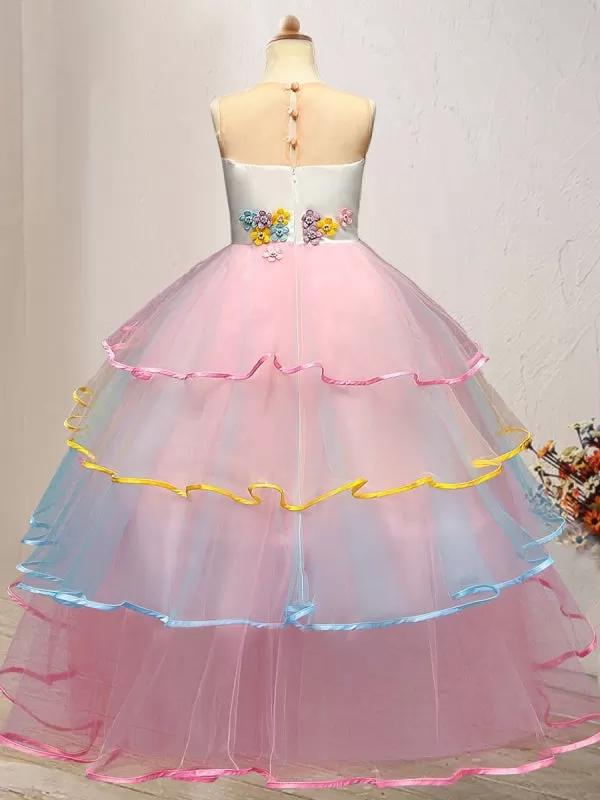 Tulle Sleeveless Flower Girl Dresses Jewel Neck Ankle Length Princess Silhouette Embroidered Kids Party Dresses