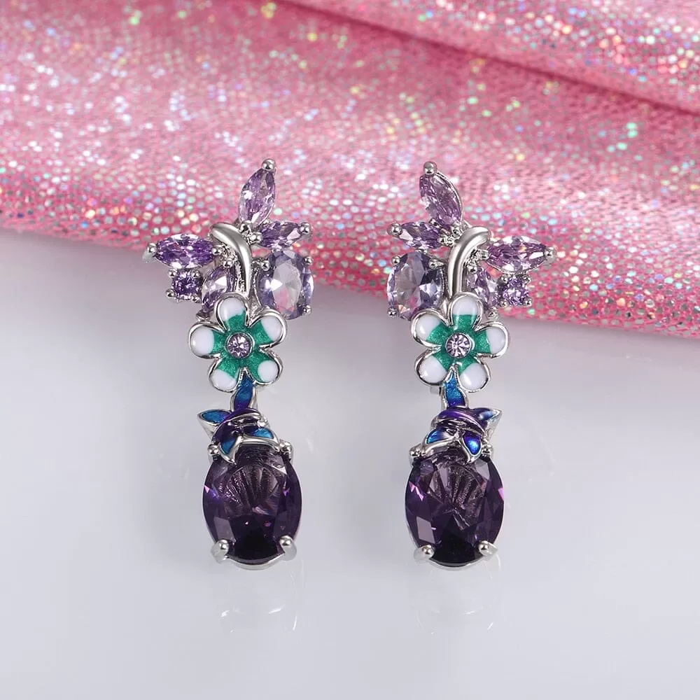 Unique Purple Charm Flower Butterfly Amethyst Earrings