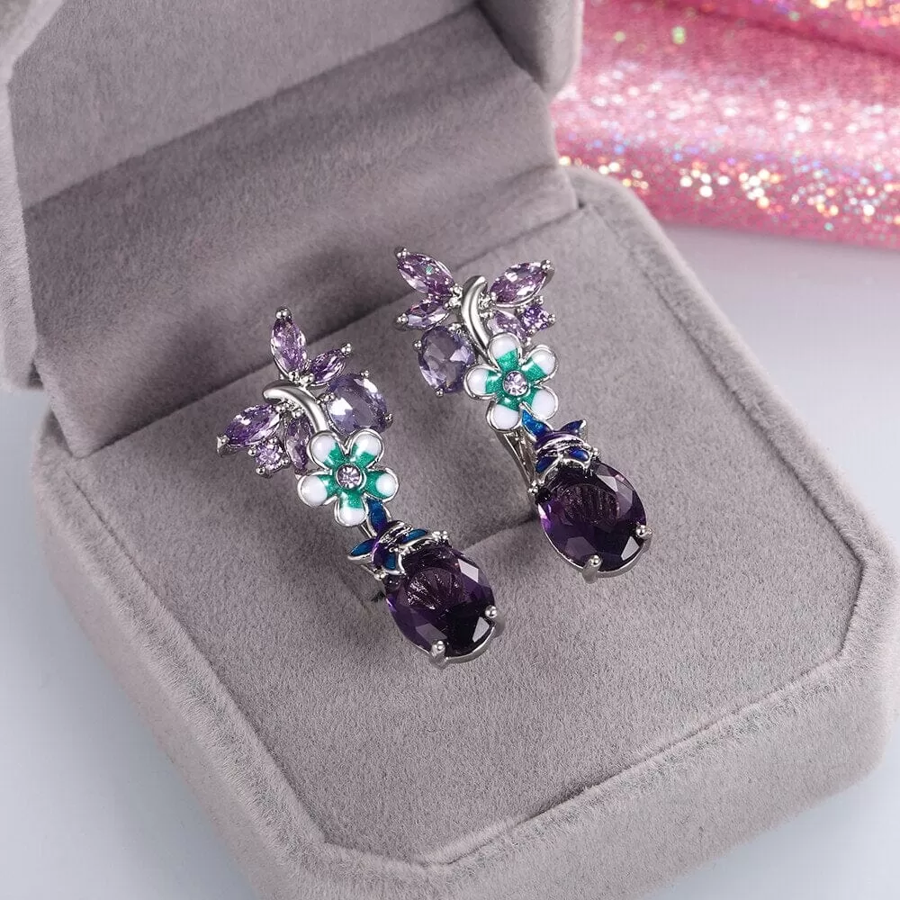 Unique Purple Charm Flower Butterfly Amethyst Earrings