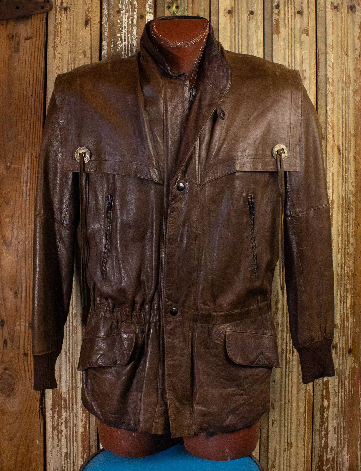 Vintage Brown Leather Jacket with Shoulder Flap 80s XL