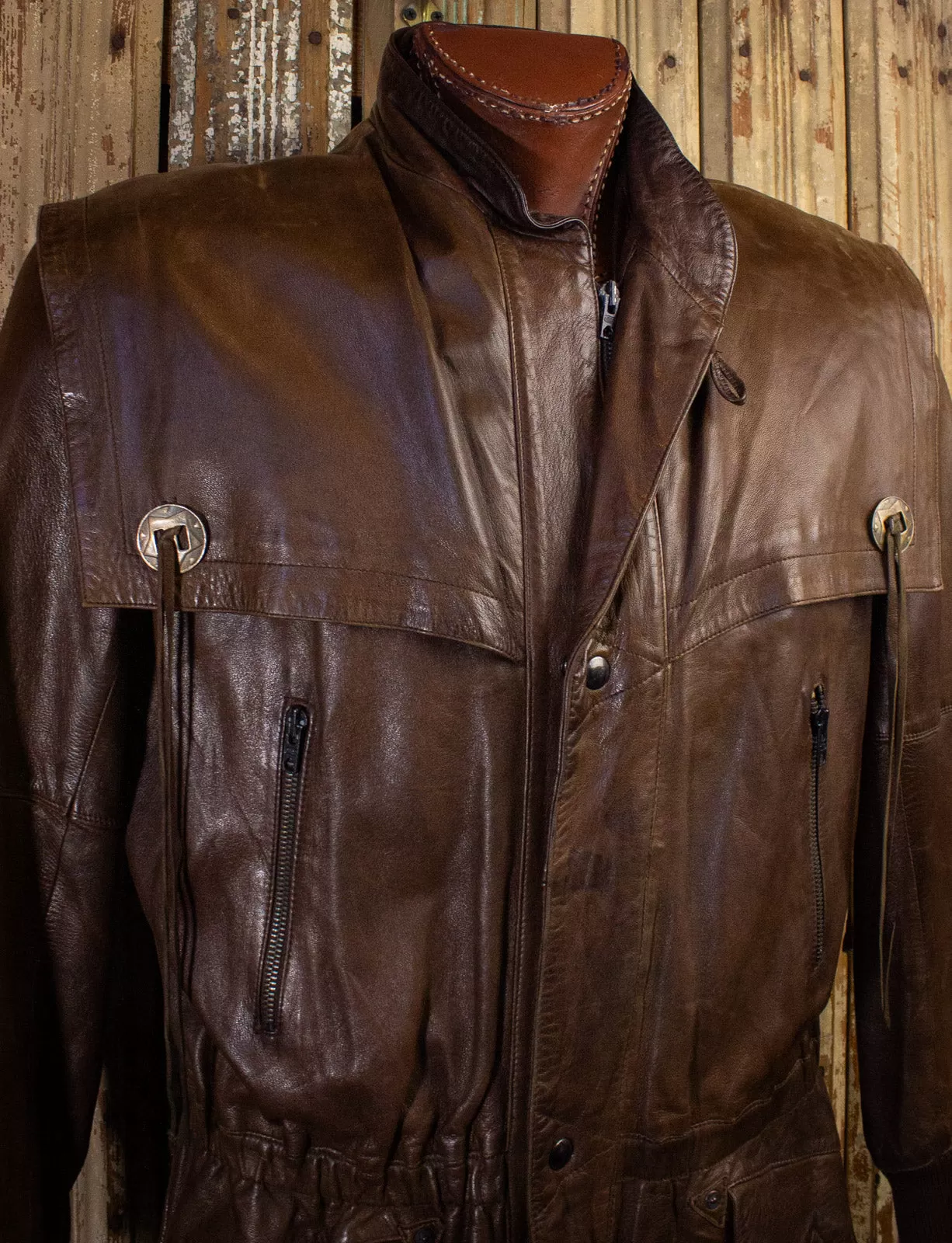 Vintage Brown Leather Jacket with Shoulder Flap 80s XL