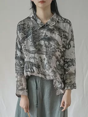 Vintage Floral Ramie Autumn Women Loose Shirt