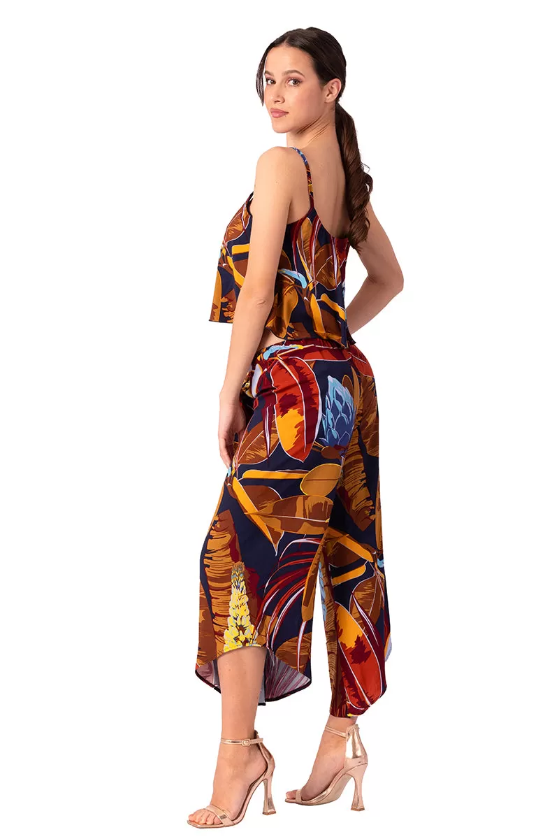 Waist Tie Sumer Print Asymmetric Cropped Tango Pants