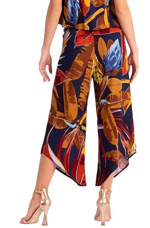 Waist Tie Sumer Print Asymmetric Cropped Tango Pants