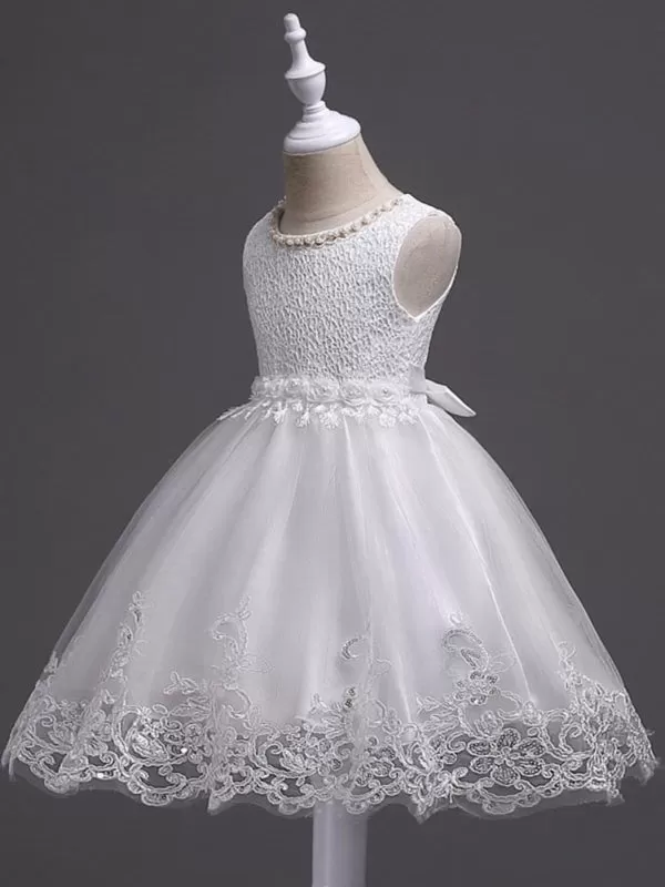 White Lace Applique Flower Girl Dresses Pearls Tassels Princess Tutu Kids Party Dresses