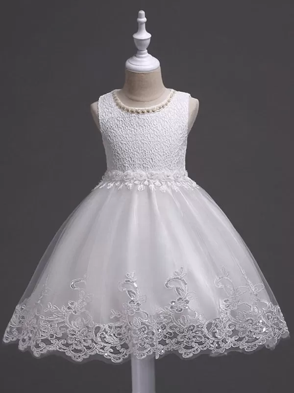 White Lace Applique Flower Girl Dresses Pearls Tassels Princess Tutu Kids Party Dresses